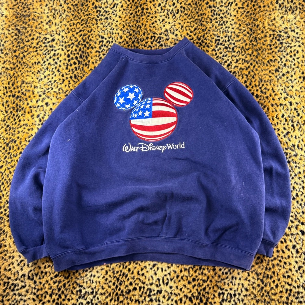 Vintage 90s Walt Disney World Mickey Mouse American Flag Sweatshirt Navy XL